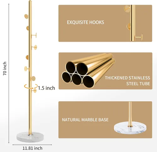 Vista 4 de Perchero Moderno de Metal con Base de Mármol Natural, Perchero Resistente Independiente con 8 Ganchos, Percheros Dorados de Pie Soporte Tipo Árbol