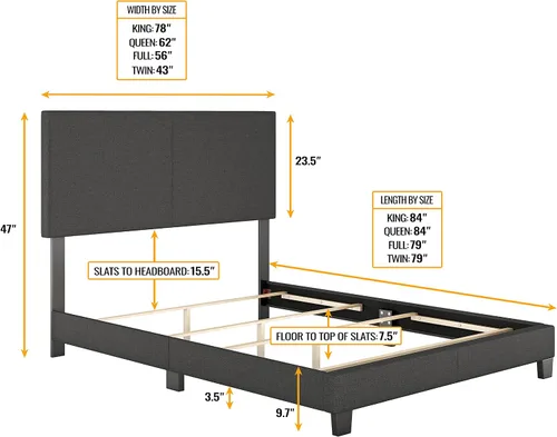 Vista 2 de Boyd Sleep Milan cama tapizada de tamaño completo con plataforma de lino negro, con cabecera ajustable - Se requiere somier o base calificados