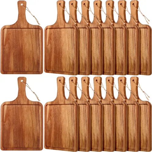 Vista 7 de Tanlade - 16 tablas de cortar de madera de acacia con asa, tablas de cortar decorativas para charcutería, pizza, pan, queso, fruta, bandeja