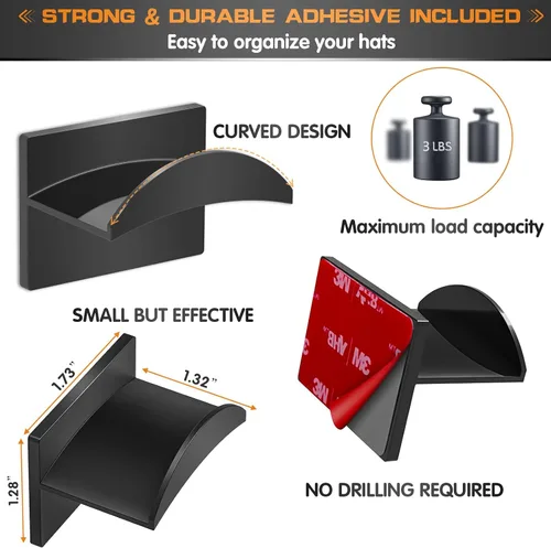 Vista 3 de Ganchos adhesivos para pared (12 unidades) - Estantes para sombreros de béisbol, diseño minimalista de estante para sombreros, colgadores