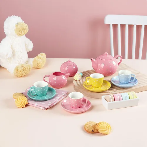 Vista 2 de fanquare Juego de té de porcelana para niñas y adultos, juego de té colorido de 12 piezas con caja de regalo para fiestas de té en casa y cumpleaños