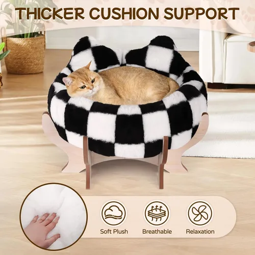 Vista 4 de Cama elevada para gatos de interior, sofá cama para mascotas con cojín esponjoso extraíble, soporte de madera, sofá elevado para gatos de 18 x 11
