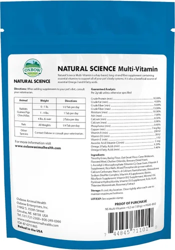 Vista 2 de Oxbow Natural Science Multivitamina, suplemento de alta fibra para conejos y conejillos de indias, fabricado con heno Timothy, hogares con múltiples