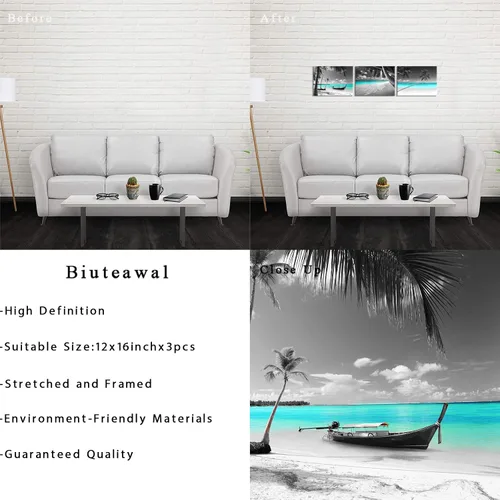 Vista 6 de Biuteawal 3 piezas de lienzo de playa en blanco y negro para pared, imágenes de paisaje marino turquesa, palmera tropical, velero, pintura, obras