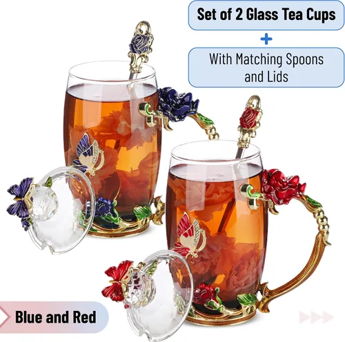 Vista 2 de BTAT - Juego de tazas de té de vidrio floral con cuchara y tapa, paquete de 2, 11 onzas, azul y rojo, diseño de mariposa y flor con caja de regalo