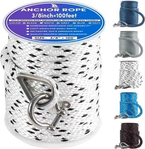 Vista 45 de Cuerda de anclaje premium de 50 pies x 1/2 pulgadas, línea de anclaje trenzada sólida MFP para barco con dedal y grillete - Negro