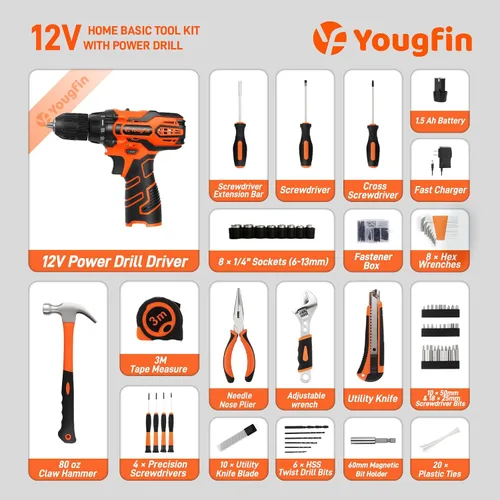 Vista 2 de Kit de herramientas YOUGFIN con taladro de 12V, juego de herramientas para el hogar con taladro inalámbrico para hombres, caja de herramientas