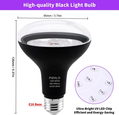 Vista 4 de 4 bombillas LED negras de 15 W, BR30 E26, carcasa negra, bombilla LED negra, 385-400 nm, brilla en la oscuridad para fiestas de luz negra, pintura