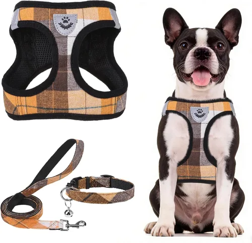 Vista 14 de PUPTECK - Arnés, collar y correa ajustables, sin tirones, para perros pequeños y medianos, cachorros y gatos, pechera reflectante acolchada de malla