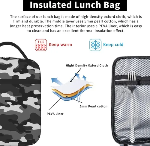 Vista 3 de Lonchera de camuflaje de camuflaje blanco y negro para adolescentes, niñas, niños, hombres y mujeres, bolsa de almuerzo portátil, lonchera aislada