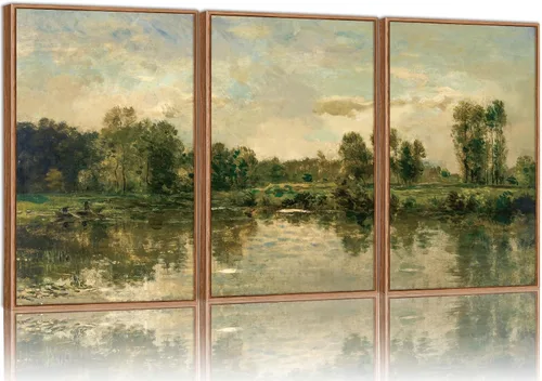 Vista 26 de Tinonedraw Arte de Pared en Lienzo Enmarcado de Paisaje de Montaña Beige, Decoración de Pared Moderna Abstracta de Mediados de Siglo, Arte de Lago
