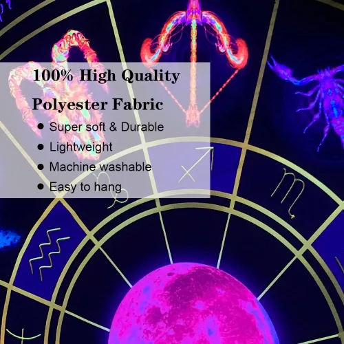 Vista 6 de Tapiz de luz negra del zodiaco – Reactivo UV que brilla en la oscuridad constelación brujería colgante de pared para dormitorio