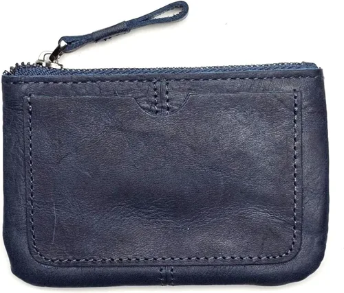 Vista 8 de Monedero de cuero genuino para mujeres y hombres, estilo vintage, cuero de grano de vacuno, delgado, minitarjetero con cremallera de metal con asa