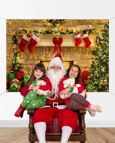 Vista 2 de Mocsicka Telón de fondo de chimenea de Navidad de 7 x 5 pies, caja de regalo de árbol de Navidad, botas rojas, fondo adornado, fondo de fotografía