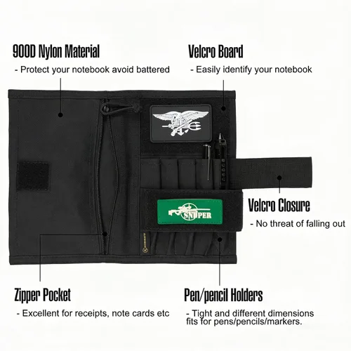 Vista 4 de KOSIBATE Funda táctica para cuaderno, funda de libro de líder militar del ejército, 8 x 5 pulgadas (negro)