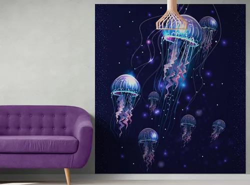 Vista 8 de Papel tapiz de medusas. Mural de pared de escena oceánica submarina. Decoración de pared de habitación de niños. Papel tapiz de baño. Decoración