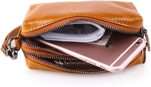 Vista 5 de BOSHIHO Piel Auténtica Wristlets garras teléfono celular bolsa cartera con cierre doble Marrón
