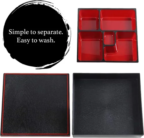 Vista 4 de TIKUSAN Fiambrera tradicional japonesa con tapa, laca, caja Bento hecha en Japón, estilo japonés, Jubako, 5 compartimentos, 10.2 x 10.2 x 2.4