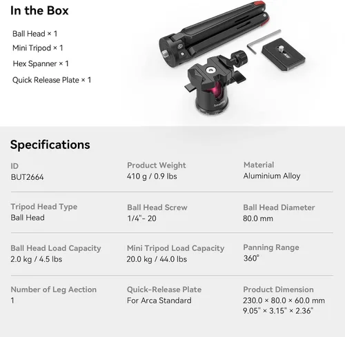 Vista 6 de SmallRig Mini trípode para cámara, trípode de mesa de escritorio actualizado con placa QR compatible con tipo Arca, cabezal de bola de 360°
