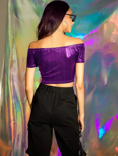 Vista 3 de Allegra K Top corto metálico brillante para mujer, con hombros descubiertos, para fiesta y club