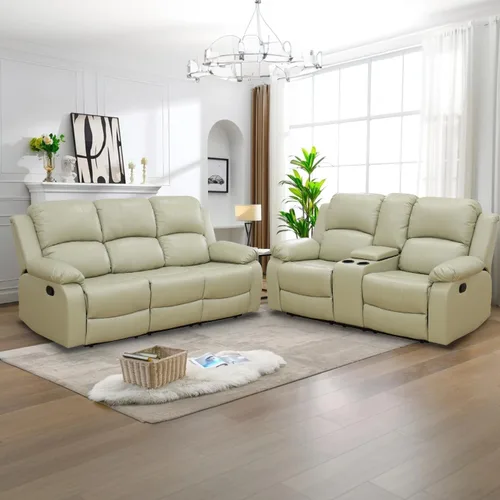 Vista 25 de Juego de Muebles para Sala de Estar, Juego de Sofá Reclinable Manual, Juegos de Sofás Reclinables de Cuero Beige con Mesa Desplegable, Sofá