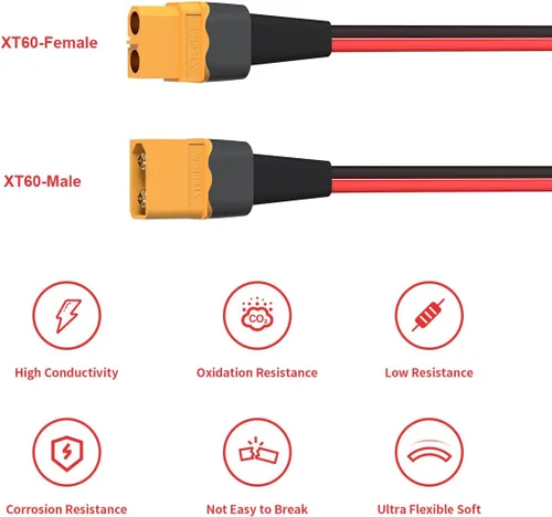 Vista 3 de ELFCULB 10AWG 2FT XT60 Cable de Extensión 2 6 10 20 35 50 75 100FT Conector XT60 Hembra a Macho para Batería RC Estación de Energía Portátil Panel