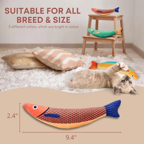 Vista 4 de Paquete de 3 juguetes para gatos, pez saurio con hierba gatera, sonido arrugado y felpa suave, juguetes interactivos de 9.5 pulgadas para gatos
