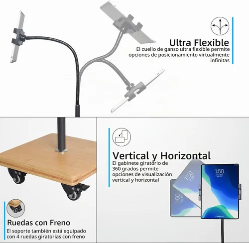Vista 7 de wishacc Soporte de Piso para Tableta para Cama - Soporte de Tableta con Cuello de Cisne con Altura Ajustable y 4 Ruedas, Compatible con iPad mini