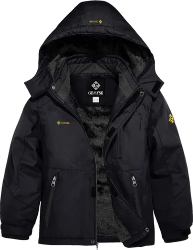 Vista 21 de GEMYSE - Chaqueta de esquí impermeable con capucha y forro polar, resistente al viento, para niño Verde Aqua