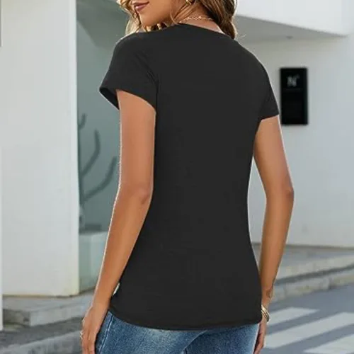 Vista 5 de Camiseta de manga corta para mujer, cuello redondo, ajustada, color sólido, estilo casual, estilo clásico