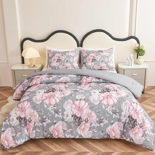 Vista 27 de Koniroom 6-Piece Pink Comforter Set Twin Size - Reversible Beige White Flower Bed in a Bag with Sheets, Pillowcases, Shams, and Decorative Pillow