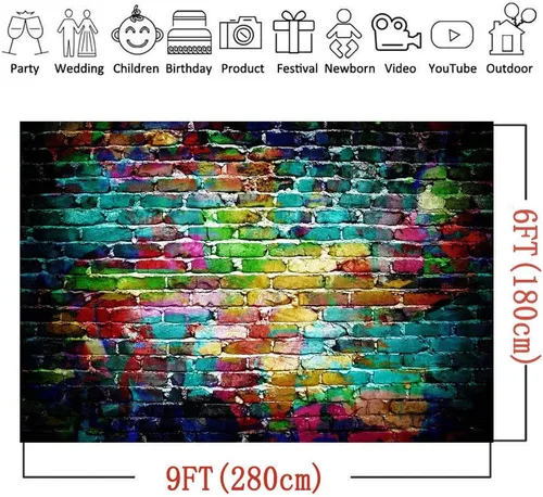 Vista 4 de Fondo de fotografía de pared de ladrillo colorido de 9 x 6 pies, fondos de graffiti de vinilo para adultos y niños, retrato de fondo, accesorios