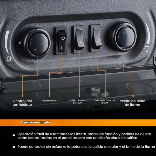 Vista 4 de Calentador eléctrico independiente para estufa de chimenea, 1500 W con efecto de llama LED 3D realista, brillo y termostato ajustables, 2 ajustes
