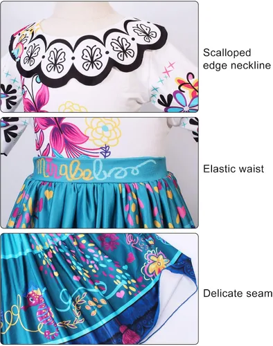 Vista 5 de VALOZENC Mirabel Isabella - Vestido de disfraz para niñas, disfraz de princesa Madrigal, disfraz de Halloween con bolsa