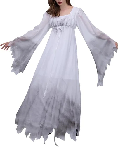 Vista 6 de Vestidos de novia fantasma para mujer, Halloween, cosplay, gótico, victoriano, blanco, vestido de novia de bruja de hadas, vestido de novia