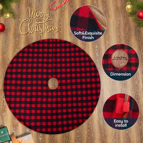 Vista 3 de Joiedomi - Falda de árbol de Navidad de 36" a cuadros de búfalo, color rojo y negro, alfombrilla decorativa para fiestas de Navidad, víspera de Año