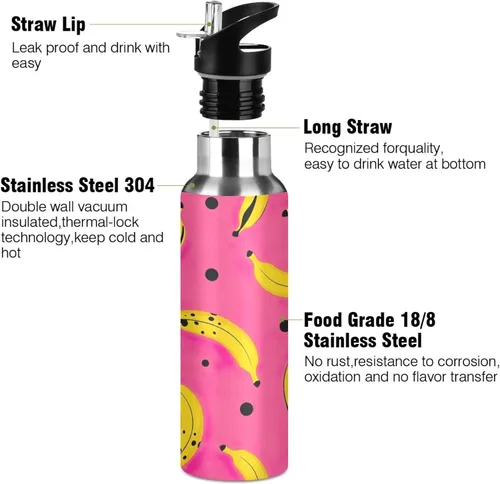 Vista 3 de Stainless Steel Water Bottle 20 Oz, Leakproof Water Bottles for Gym Outdoor Travel School, Yellow Bananas Black Dots