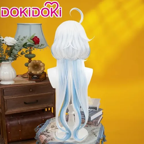 Vista 3 de KIRA KIRA Genshin Impact Fontaine Furina - Peluca de cosplay de Focalors, peluca larga y rizada de cabello azul, peluca de fiesta de Halloween