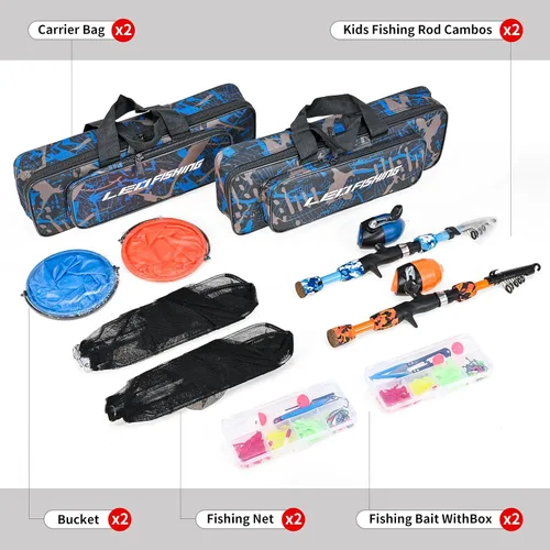 Vista 4 de LEOFISHING 2 Set Juego de caña de pescar para niños con kits de inicio completo, caña de pescar telescópica portátil y combos de carrete con todos