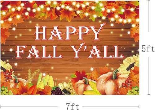 Vista 3 de MEHOFOND Cartel de fondo con texto en inglés "Happy Fall Y'all" de 7 x 5 pies, para otoño, cosecha de calabaza, fiesta de Acción de Gracias