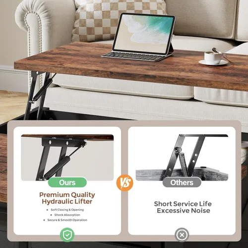 Vista 3 de ALLSTAND Mesa de centro elevable de 31.5 pulgadas con almacenamiento, mesas de centro de granja para sala de estar, mesa de centro cuadrada con gran