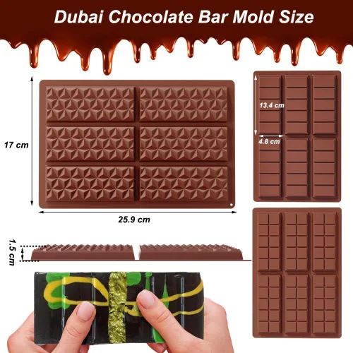 Vista 2 de Juego de moldes de chocolate de Dubái 3 piezas, moldes de barra de chocolate de silicona grandes y gruesos de 0.5 pulgadas de profundidad para barra