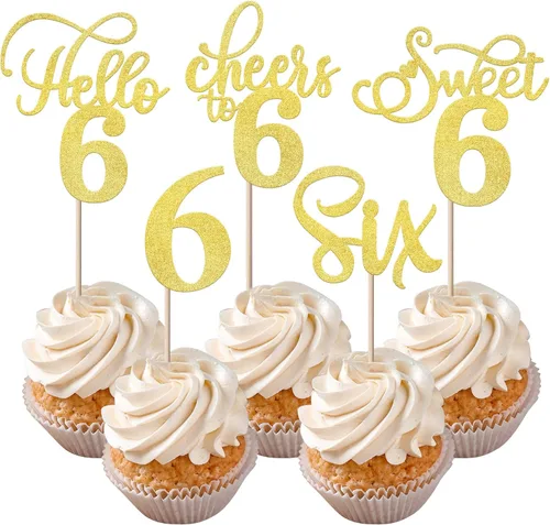 Vista 25 de Rsstarxi Paquete de 30 adornos para cupcakes de 6º cumpleaños con purpurina negra de seis Hello 6 para cupcakes Cheers to 6 años de edad