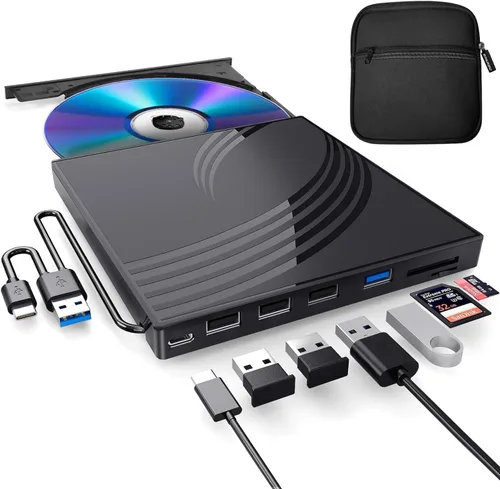 Vista 10 de BPAKDU - Unidad externa de CD/DVD para laptop, grabadora de CD ultra delgada, concentrador USB 3.0 con 4 puertos USB, 2 ranuras para tarjetas TF/SD