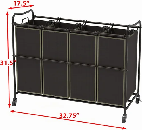 Vista 5 de Simple Houseware - Carrito rodante clasificador de ropa sucia con 4 bolsas, color marrón Bolsas extraíbles y ruedas con cerradura