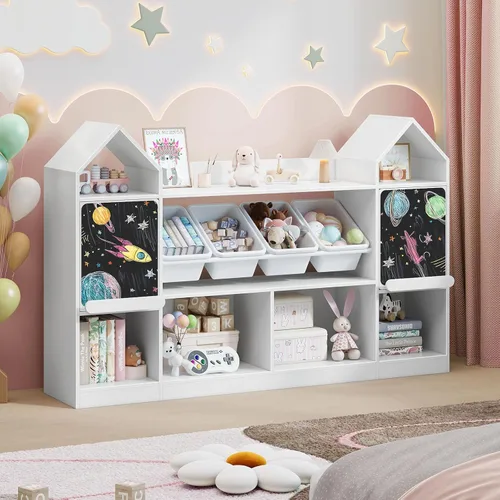 Vista 4 de Vabches Estantería infantil con forma de castillo con pizarra, estantería para niños, organizador de almacenamiento de juguetes para niños