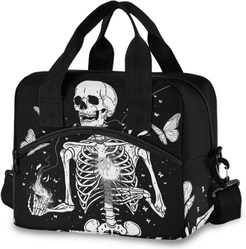 Vista 26 de MNSRUU Bolsa de almuerzo aislada murciélagos y flores vintage mujeres hombres tela tote enfriadora para cena bolsa reutilizable a prueba de fugas