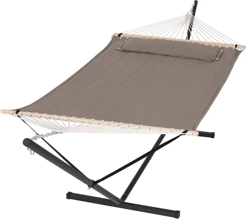Vista 23 de SUNCREAT Hammocks Hamaca doble extragrande con soporte de 12 pies, capacidad de 475 libras, hamaca portátil al aire libre con barra separadora