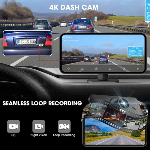Vista 3 de Cámara de salpicadero portátil CarPlay estéreo - Pantalla de automóvil inalámbrica Android Auto - Pantalla de 6.25" IPS 4K Full HD DVR de automóvil