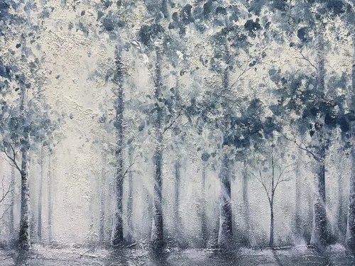 Vista 4 de V-inspire arte, 24x48 pulgadas moderno impresionista árbol arte 100% pintado a mano lienzo arte de la pared pintura al óleo grande azul gris
